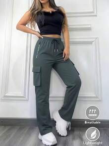 女款春秋寬鬆休閒輕量工裝長褲，高腰抽繩寬腿多口袋長褲，女款秋季休閒 Y2K 街頭風新款，時尚女款秋季外出穿搭，萬聖節女款休閒運動風下裝 - 灰色 - 查看 2