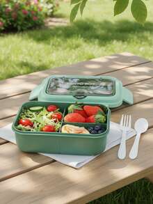 1pc Plastic Divided Lunch Box, Leak-Proof Lunch Box With Spoon And Fork, Microwave , Suitable For Work, Picnic, Lunch Bento Box - Multicolor - View 6