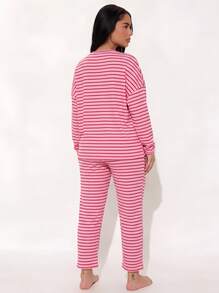 Women's Casual Striped Print Loose Round Neck Long Sleeve Pajama Set, Comfortable Loungewear Set - Rose Red - View 4
