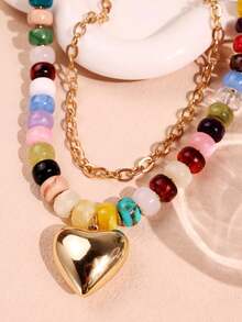 2pcs/Set Colorful Beaded Double Layer Necklace, Gold Chain Layered Necklace Set, Multi-Combination Necklace, Y2K Women's Jewelry, Colorful Beaded Gold Chain Double Layered Collarbone Necklace, Suitable For Daily Wear And Vacation - Multicolor - View 5