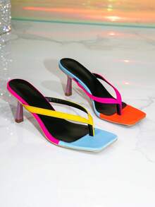 2026 Summer New Square Toe Toe-Split High Heel Slides, European & American Style Versatile White Thin Heel Sandals For Women - Dopamine Color Blocking - View 2