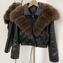 OFTBUY Women's Faux Fur Collar Short PU Leather Biker Jacket, Back Tie Waist Design Motorcycle Short Coat - Black + Coffee - View 7