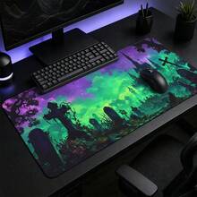 1pc Gothic Cemetery Print Extended Mouse Pad, Green Purple Dark Fantasy Keyboard Desk Mat, Halloween Desktop Decor - View 4
