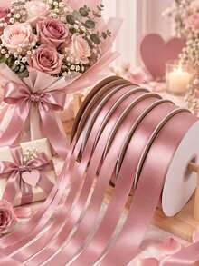 Peach Pink Encrypted Single-Sided Satin Ribbon 10 Yards (0.6/1.0/1.5/2.0/2.5/4.0cm) Multiple Sizes Available, Suitable For Wedding Party Decoration, Party Favors, Flower Binding, Flower Arch, Invitation Cards, Evening Banquet Chair Back Decoration, Without Paper Spool - Peach Pink - View 1
