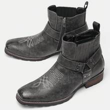 Men Vintage Black Distressed Leather Short Boots, Western Embroidery Buckle Strap Low Heel Daily Wear Ankle Boot - Grey - View 10
