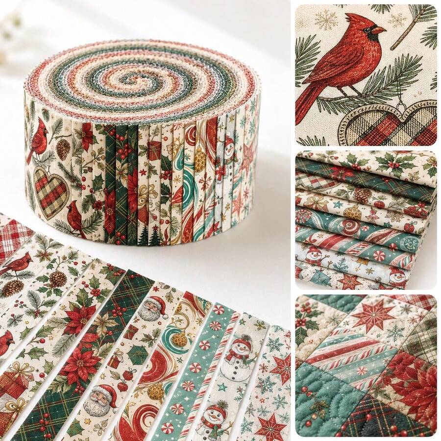 10pcs Vintage Daisy Snowman Christmas Pattern Jelly Roll Fabric Strip, Suitable For Christmas Patchwork Quilts, Table Flags, Placemats, Handbags, Storage Bags, Coasters, Patchwork Blocks, And Rewinding - Multiple Styles - View 1
