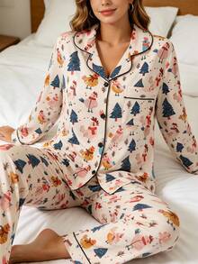 2pcs Women's Long Sleeve Pajama Set, Christmas Cartoon Chicken Family Pattern, Gift 2-Piece Set, Lapel Button Long Sleeve, Loose Elastic Long Pants, Suitable For All Seasons, Home Wear, Outdoor Wear, Comfortable And Loose, New Full Print Pattern - Apricot - View 2