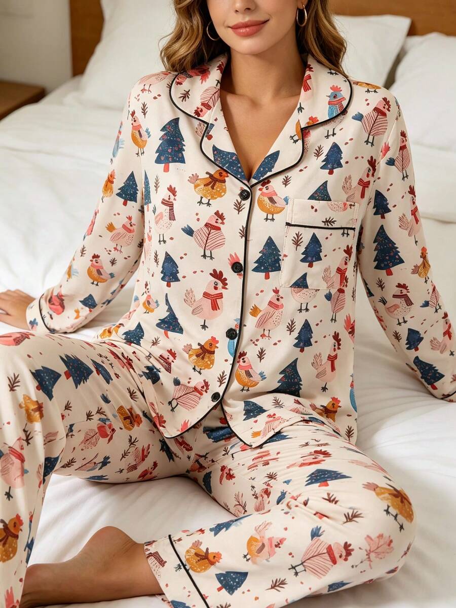 2pcs Women's Long Sleeve Pajama Set, Christmas Cartoon Chicken Family Pattern, Gift 2-Piece Set, Lapel Button Long Sleeve, Loose Elastic Long Pants, Suitable For All Seasons, Home Wear, Outdoor Wear, Comfortable And Loose, New Full Print Pattern - Apricot - View 1