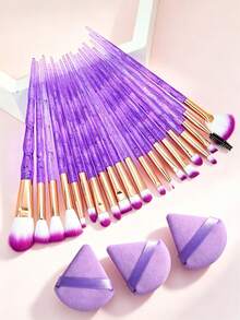 20Pcs Glitter Crystal Handle Makeup Brush Set With 3Pcs Triangle Powder Puffs, Soft Gradient Bristles Professional Cosmetic Brushes For Foundation Powder Eyeshadow Blending, Beginner Makeup Tool Kit - Multicolor - View 1
