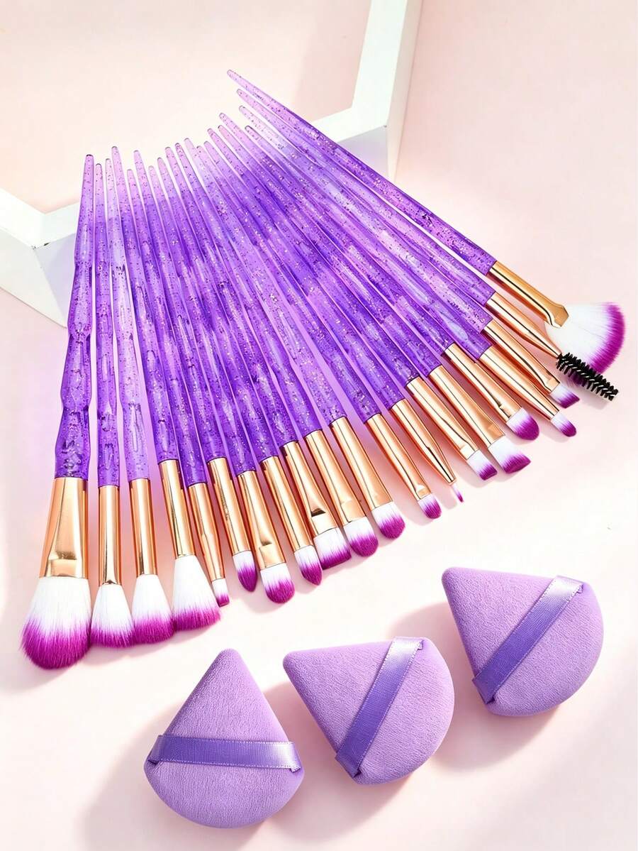 20Pcs Glitter Crystal Handle Makeup Brush Set With 3Pcs Triangle Powder Puffs, Soft Gradient Bristles Professional Cosmetic Brushes For Foundation Powder Eyeshadow Blending, Beginner Makeup Tool Kit - Multicolor - View 1