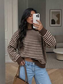 MORI Autumn/Winter Chocolate Striped Knit Crew Neck Long Sleeve Loose Fit Pullover Sweater For Women, Suitable For Coffee Dates And Travel - Coffee - View 3
