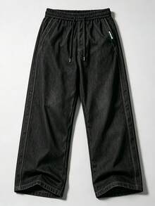 Men's Vintage Washed Distressed Wide Leg Denim Jeans, Loose Fit Straight Leg Drape Floor Length Pants With Elastic Waist And Double Drawstring Design, Streetwear Slouchy Versatile Casual Everyday Outing Long Pants - Black - View 6