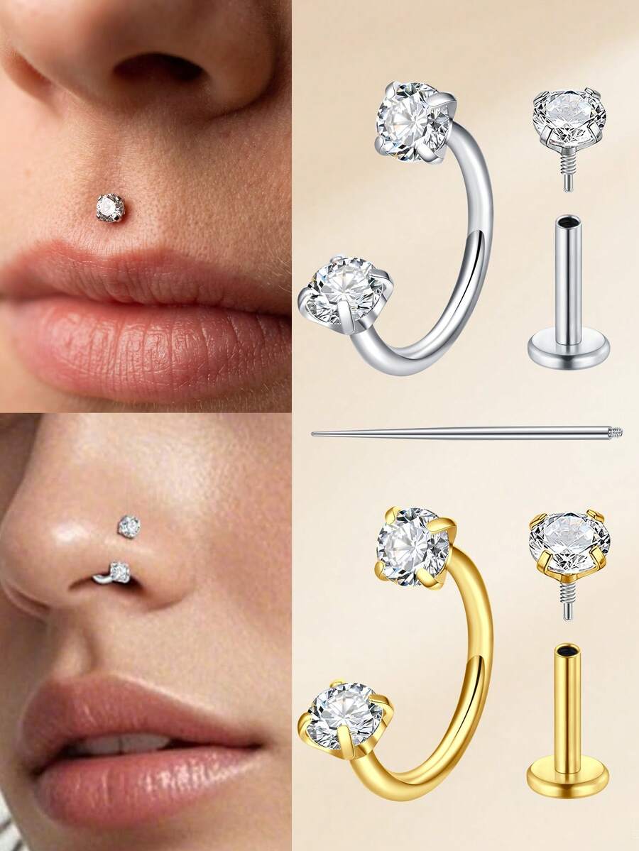 TOKRING 18G Nose Rings Horseshoe Nose Piercing Jewelry,Nose Studs Lip Rings For Women,Double Gem Nose Hoop Cartilage Helix Tragus Earrings Studs - Ring+Stud - View 1