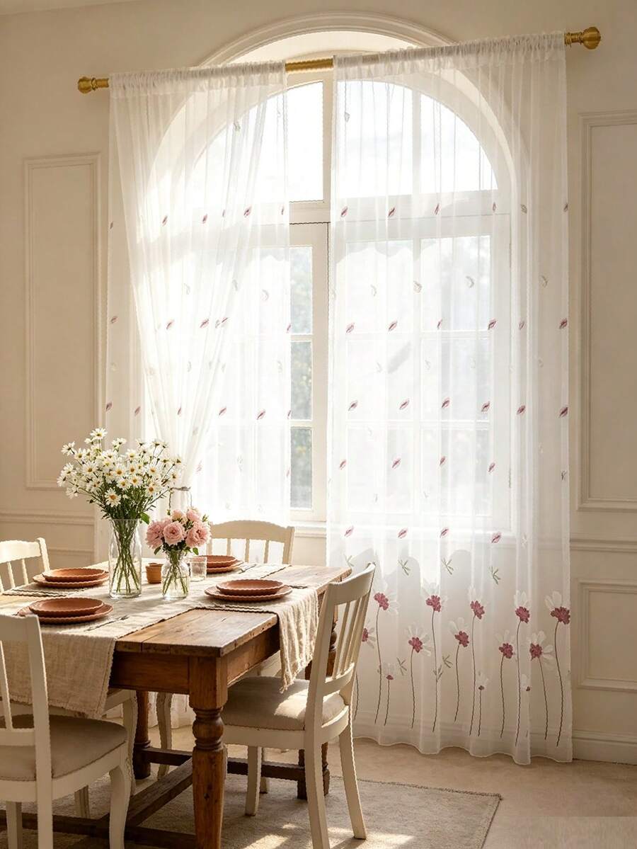 1PC Korean Style Gentle Daisy Embroidered Sheer Curtain Rod Pocket Falling Petals Dragonfly Pattern Decorative Sheer Window Curtain - Multicolor - View 1