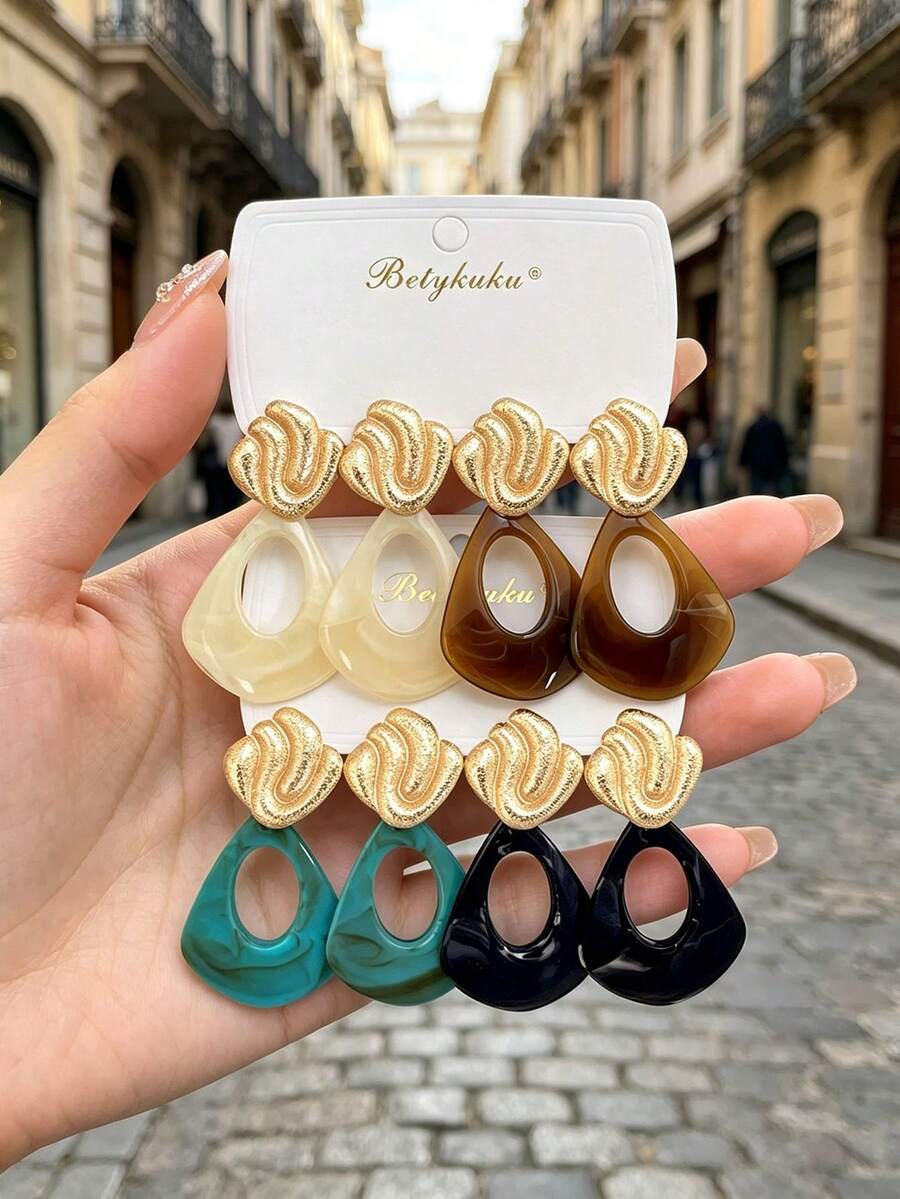 Betykuku 8件組歐美時尚樹脂金屬花朵吊墜耳環套組