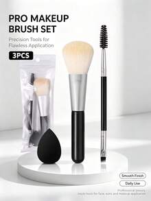 3pcs Makeup Brush Set Powder Brush Dual-Head Eyebrow Brush Eyeliner Brush With Black Sponge Puff Beginner Makeup Tool Kit Face Eye Makeup Combination - Black - View 10