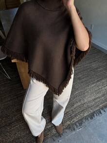 Women's Knitted Vintage High Neck Tassel Triangle Cape, Suitable For Autumn/Winter Daily Commute And Travel Versatile Style - Coffee Brown - View 3