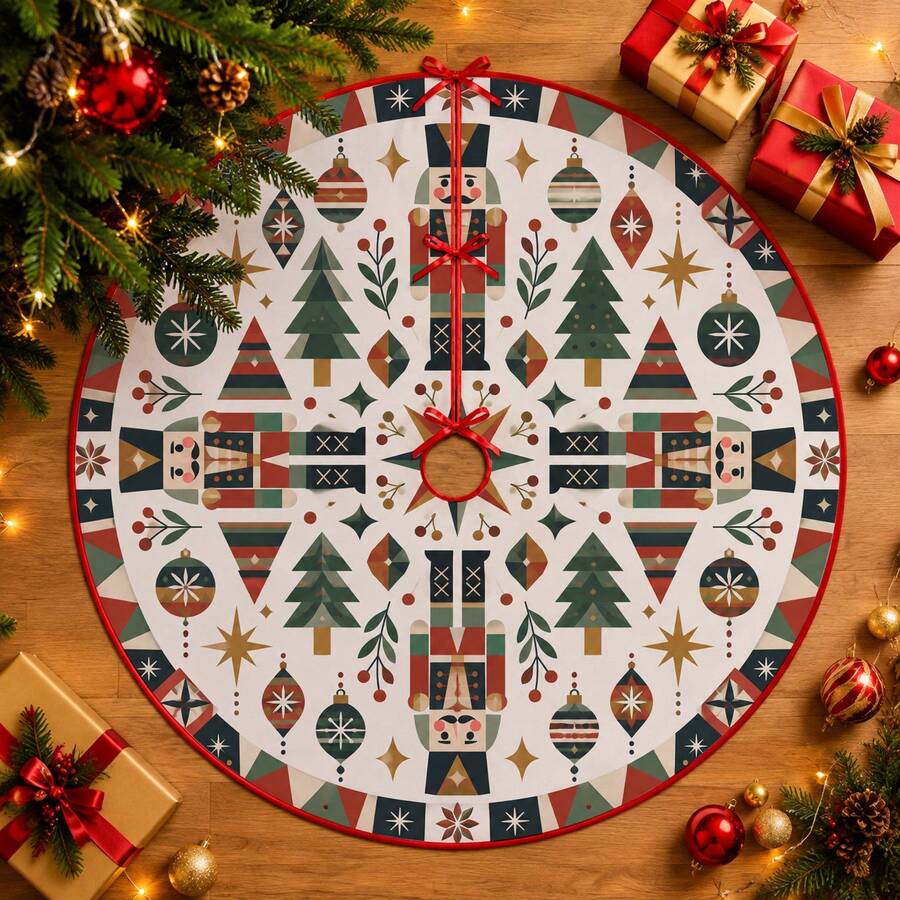 1pc Flat Nutcracker Geometric Pattern Christmas Tree Skirt, Elegant Color Holiday Decoration, 5 Sizes, Unisex Holiday Gift, Suitable For Home And Party Christmas Decor - Flat Geometric Nutcracker - View 1