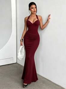 Women's Elegant Burgundy Halter Neck Dress, Ruched Bust & Flared Hem, For Date, Party, Wedding,Holiday & Birthday,Fall, Winter, Halloween, Christmas - Burgundy - View 1