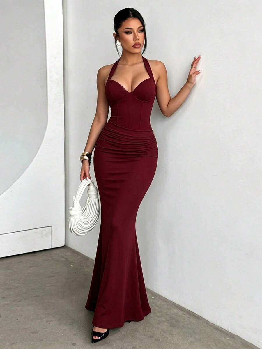 Women's Elegant Burgundy Halter Neck Dress, Ruched Bust & Flared Hem, For Date, Party, Wedding,Holiday & Birthday,Fall, Winter, Halloween, Christmas - Burgundy - View 1