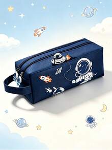 1pc Blue Space Theme Pencil Case, Large Capacity Double Zipper Student Stationery Storage Bag, Astronaut Pencil Case - A - View 5