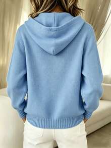 Plus Size Women's Autumn/Winter Solid Color Hooded Knit Cardigan With Ribbed Cuffs, Button & Drawstring Single-Breasted Loose Casual Sweater Jacket - Sky Blue - View 2