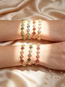 1pc Colorful Fashion Luxury Women's Floral Zirconia Bracelet - Horizontal and Vertical Link - View 2