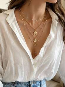 4pcs Summer Ocean Style Beaded Necklace Set, Faux Pearl Flower Shell Necklaces, Beach Vacation & Daily Wear - Gold - View 5