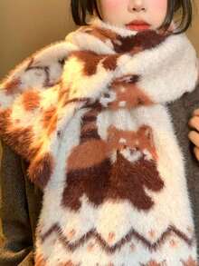 1pc Cute Panda Faux Mink Fur Double-Sided Scarf, Thick Warm Neck Warmer For Women, Autumn/Winter, Versatile For Students - Rust - View 5