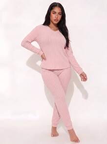 2-delars set med dam-loungewear med V-ringning och manschetter, elegant pyjamas-set i ribbstickat material med rund hals och lös passform, passar för våren - Rosa - Visa 8