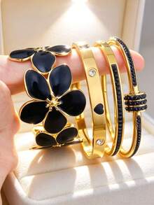 4pcs/1pc Enamel Floral Bracelet Set, Gold Stainless Steel Transparent Crystal Stackable Bracelet, Luxury Women's Jewelry Gift - Black - View 14