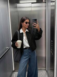 Women Solid Color Zip-Up Short Jacket With Pockets, Casual Long Sleeve Soft Bomber Jacket, Versatile Minimalist Design For Autumn/Winter Black Spring - Black - View 1