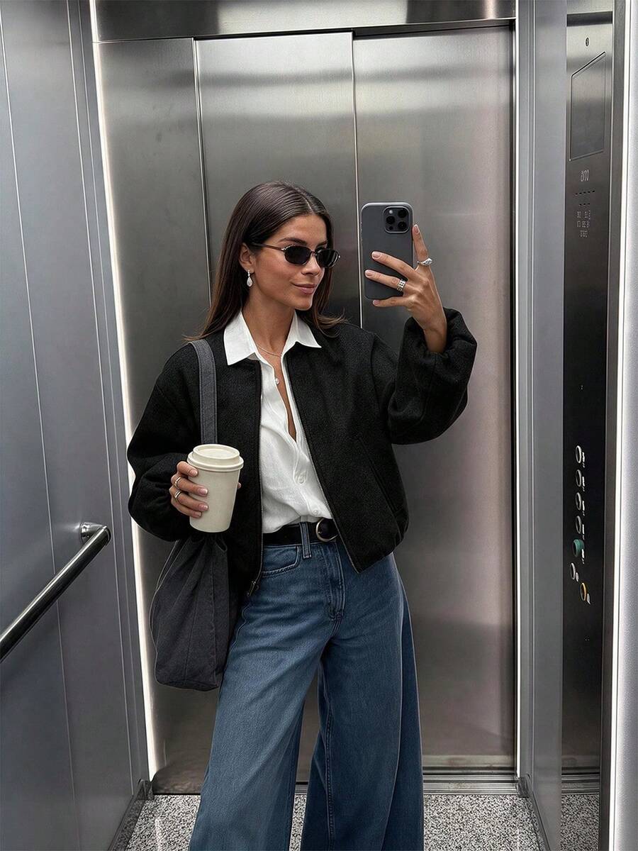 Women Solid Color Zip-Up Short Jacket With Pockets, Casual Long Sleeve Soft Bomber Jacket, Versatile Minimalist Design For Autumn/Winter Black Spring - Black - View 1
