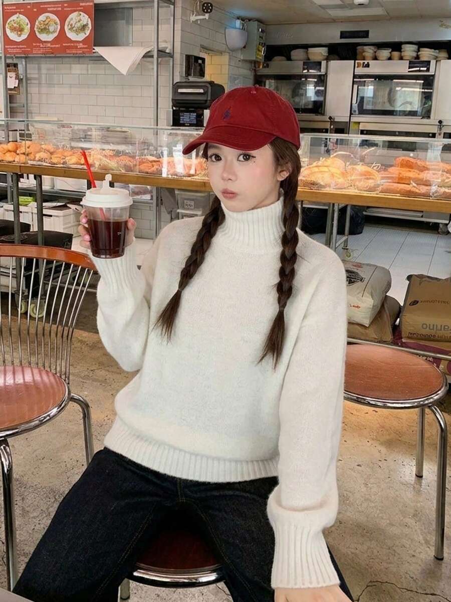 Women's Winter High Neck Ribbed Knit Pullover Sweater, Loose Long Sleeve High Elastic Warm Top, Suitable For Autumn/Winter Wear - White - View 1