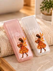"HELLO FALL" Theme Portable Cotton Swab Storage Box, Autumn Leaf Dancer Silhouette Pattern, Toothpick And Dental Floss Storage Box (Box Only) - Leak-Proof Travel Storage Box With Transparent Lid Design, Compact And Portable Oral Care Container, Suitable For Storing Toothpicks And Dental Floss, Portable Storage, Compact Box, Suitable For Travel, Office, Outdoor And Home Use, Home Storage, Travel Accessories, Holiday Gift, Autumn Thanksgiving - Multicolor - View 3