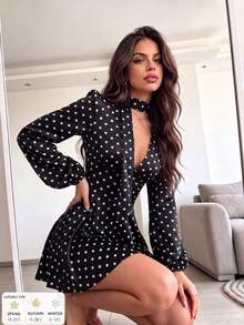 SUNSTORY Women's Autumn Black With White Polka Dot Halter V-Neck Long Sleeve Cinched Waist Flared Short Dress, Suitable For Commuting, Party, Christmas, Daily Outfits - Black - View 4