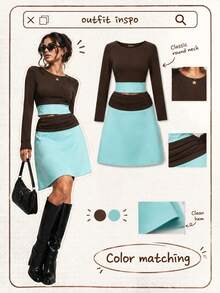 Fall Brown Set For Women Back To School Long Sleeve And Skirt 2 P[Iece Set Date Night Chic Going Out Outfit - Brown - View 1