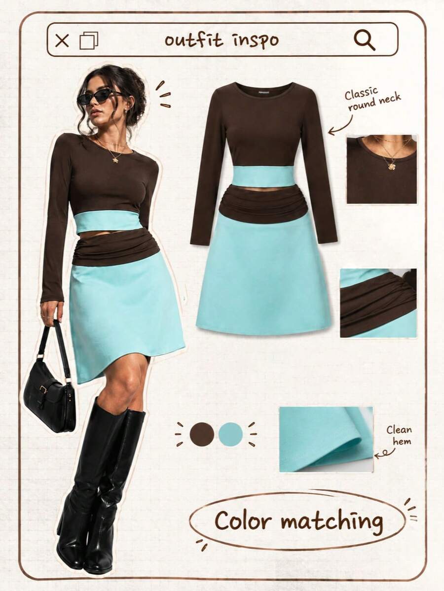 Fall Brown Set For Women Back To School Long Sleeve And Skirt 2 P[Iece Set Date Night Chic Going Out Outfit - Brown - View 1