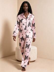 2pcs Women's Satin Butterfly Print Pajama Set, Long Sleeve Lapel Top And Bowknot Long Pants - Pink - View 2