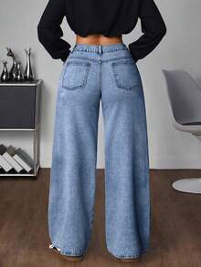 ALO FASHION Jeans casuales de pierna ancha para mujer en mezclilla lavada de alta elasticidad con bordado de lazo, perfectos para el otoño - Azul - Ver 4