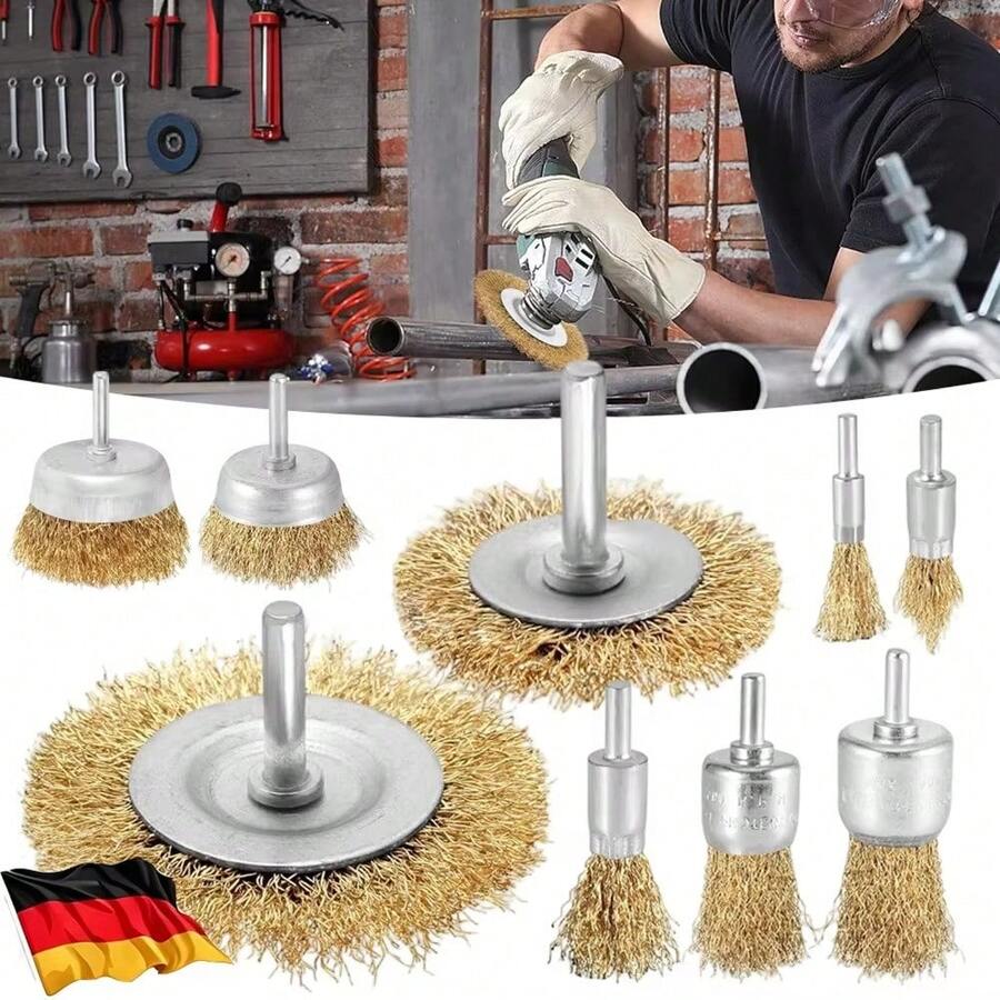 9-teiliges Drahtbürsten-Set für Bohrmaschine, Messingbeschichtete Stahldraht-Bürsten für Rostentfernung Entgraten Polieren Reinigen, für Metall Stein & Holz - A - Übersicht 1