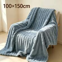 1pc Luxury Double-Sided Faux Rabbit Fur Blanket - Comfortable Striped Flannel, Soft & Warm, Suitable For Napping, Office, Camping, Sofa - Multifunctional Polyester Bedspread, Christmas Gift - Grey-blue - View 12