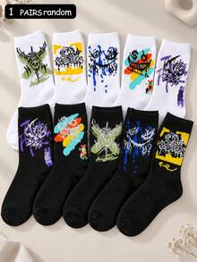ZHIYITANG Random 1 Pair/5 Pairs Men's Mid-Calf Socks, Graffiti Print Street Style, Soft Comfortable Breathable Casual Socks, Colorful Pattern, Versatile For Daily Wear, Spring/Autumn - Multicolor - View 6