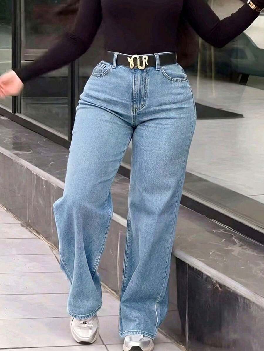 Women Plus Size Retro Minimalist Elastic Waist Loose Straight Leg Jeans Casual Spring Fall - Light Wash - View 1