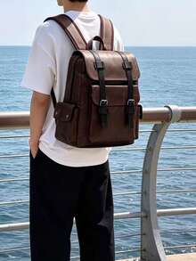 Men's Vintage Leather Backpack, Casual Business Travel Rucksack With Multiple Pockets, Classic Waterproof School Bag For Men - Coffee - View 9