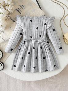 Baby Girl Ribbed Fashion Heart Print All-Over Faux Button Long Sleeve Dress For Outdoor Wear - Grey - View 2