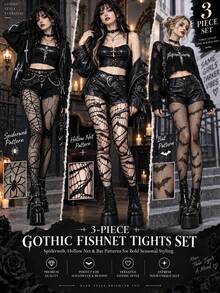 3Pairs Women's Gothic Fishnet Tights Set, Spiderweb Hollow Net & Bat Pattern Stockings, Y2K Punk Style Sheer Leggings For Halloween Party - Multicolor - View 5