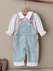 Baby Girls Infant Turn-Down Collar Petal Sleeve Top With Floral Embroidery Denim Overalls Lace Trim Spring Autumn Set - Baby Blue - View 7