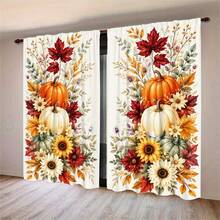 2pcs Three-Color Pumpkin & Floral Pattern Semi-Sheer Bedroom Curtains, 90GSM Polyester Semi-Transparent Privacy Protection, Mori Style Living Room Curtains, Kitchen Curtains, Suitable For Home, Room, Kitchen Partition Or Decoration, Rod Pocket Design Easy Installation, Quick Dry Water-Resistant Non-Fading, Lightweight Removable Washable Curtains - Multicolor - View 13