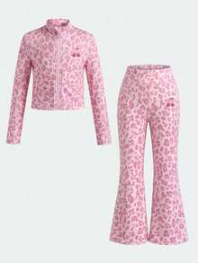 Young Girl Leopard Print Zip-Up Stand Collar Cardigan Long Sleeve And Long Pants - Pink - View 2